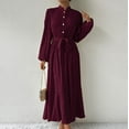 thumbnail image 5 of BangWanChi Winter Dress for Women Women's Long Sleeved Solid Color Textured Button Up Dress With Lantern Sleeves And Waist Cinching Long Dress Wine S, 5 of 5
