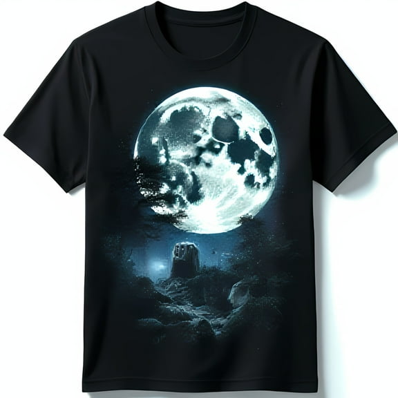 Unique Black T-Shirt with Ethereal Full Moon Graphic & Pixelated Design