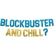 Block Buster and Chill Glitter Banner - Funny Throwback 90's & 80's Theme Party Banner, Gold, Rectangular, Paper, Glitter