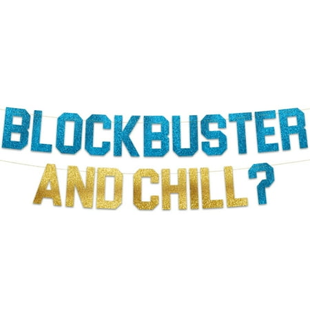 Block Buster and Chill Glitter Banner - Funny Throwback 90's & 80's Theme Party Banner, Gold, Rectangular, Paper, Glitter
