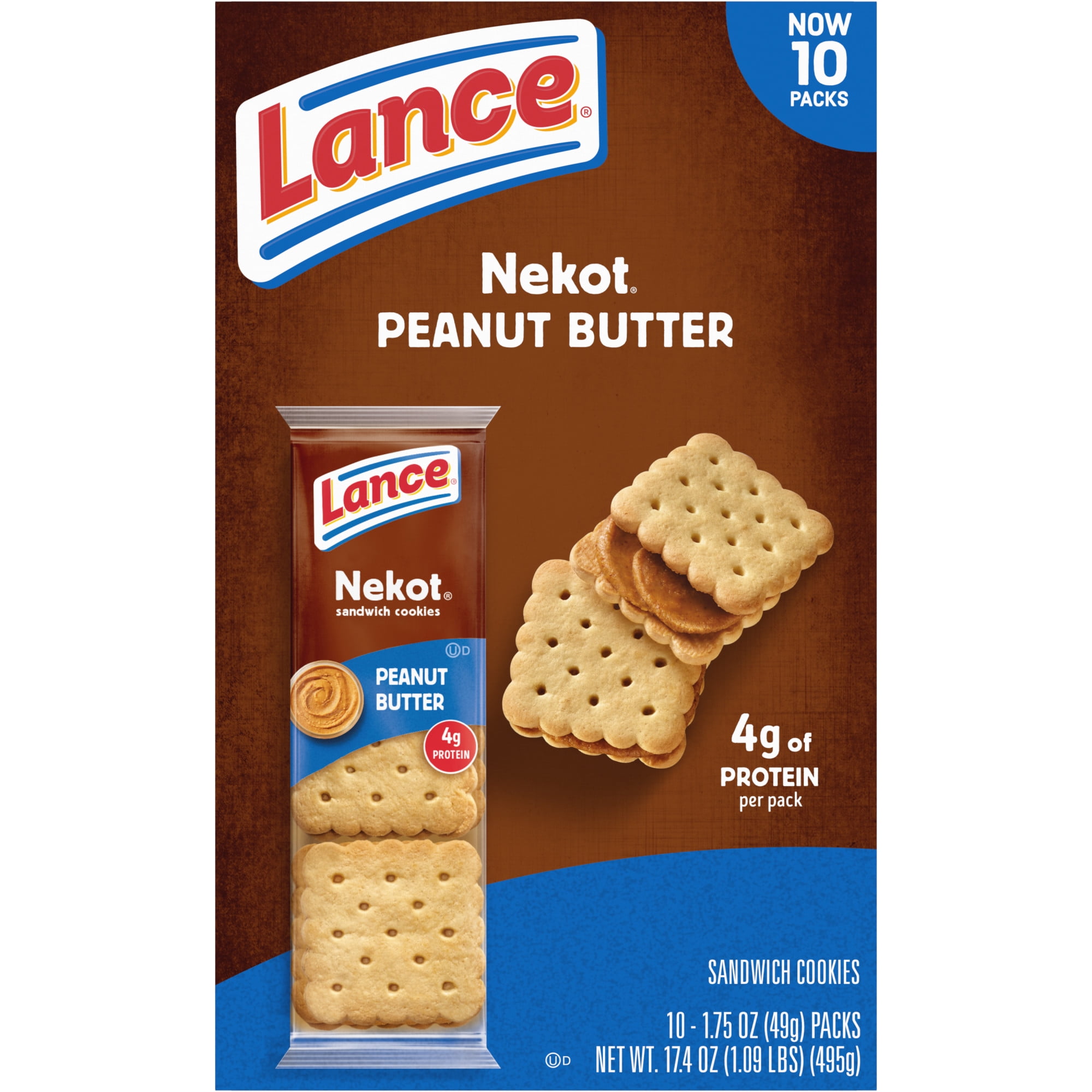Lance Sandwich Cookies, Nekot Peanut Butter, 10 Individually Wrapped Packs, 6 Sandwiches (Pack of 6)
