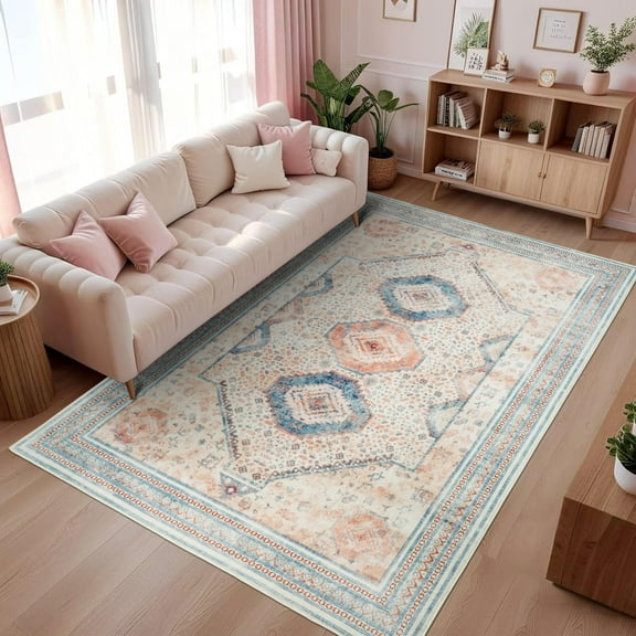 Wondo 5x8 Area Rugs for Living Room, Washable Area Rug, Rugs for Bedroom, Kitchen Rugs, Vintage Boho Carpet, Soft Non-Slip, Low Pile Large Area Rug for Office Dining Room, Orange