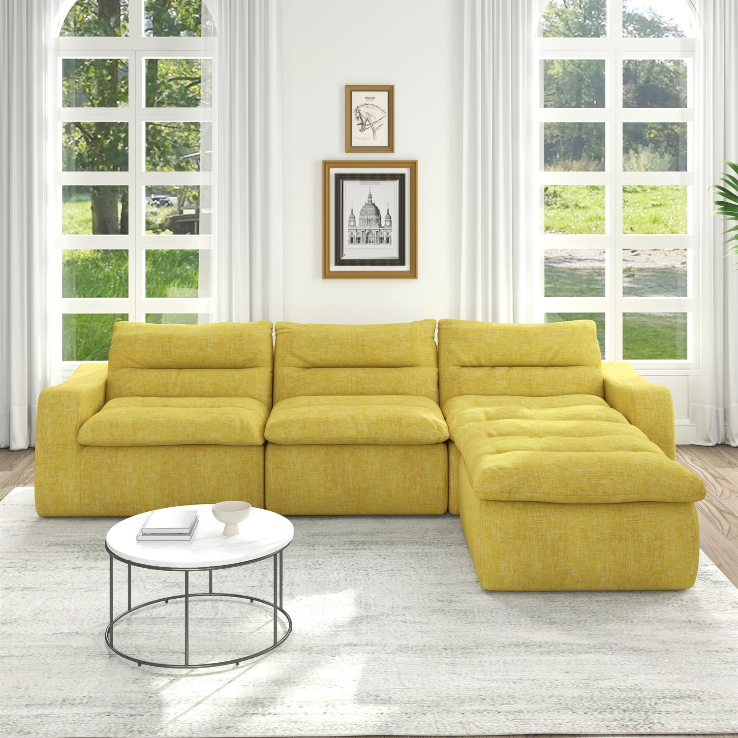 Demi Bonn 116" Modern L-Shaped Modular Sofa, Comfortable Beanbag Style, Stylish Lazy Couch for Living Rooms and Relaxation, Yellow