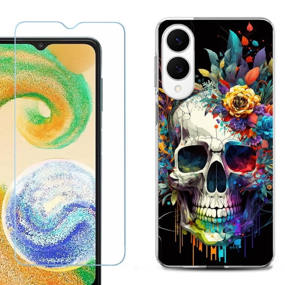 For Samsung Galaxy S25 Edge 5G Protective Shockproof Phone Case with Tempered Glass Screen Protector, by OneToughShield - Skull Flower