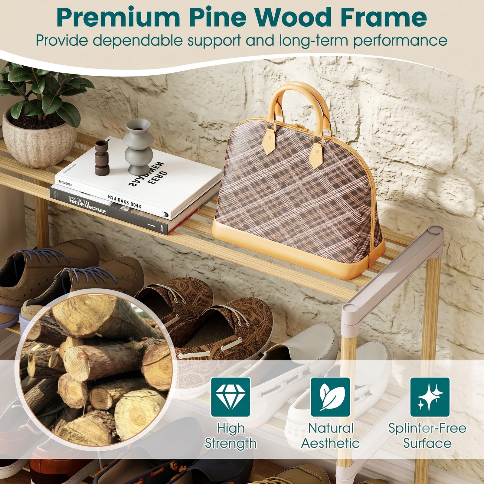 Furnibear 3-Tier Solid Pine Wood Shoe Rack with Slatted Open Shelves for Entryway Closet and Bedroom Storage, Natural and Gray
