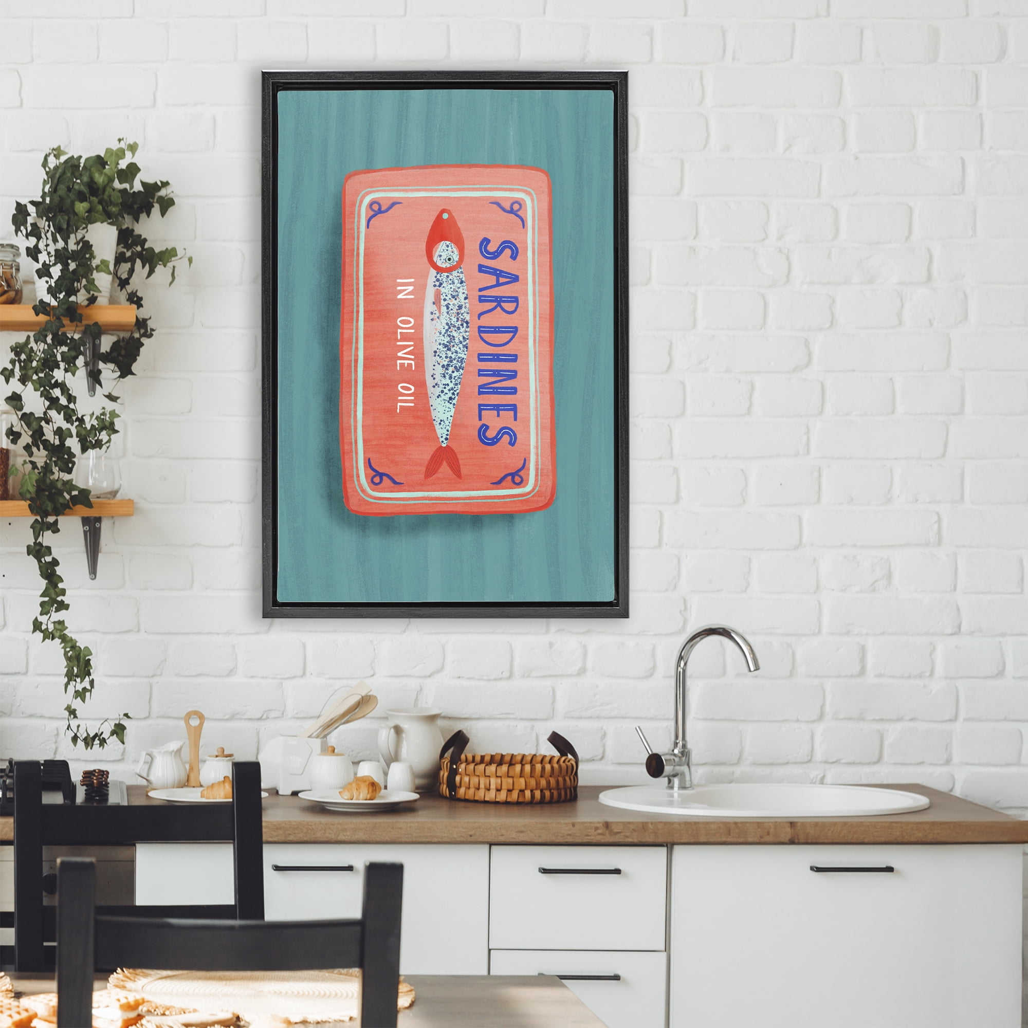 Stupell Industries Sardines Olive Oil Seafood Black Framed Floater Canvas Wall Art, design by Metka Hiti