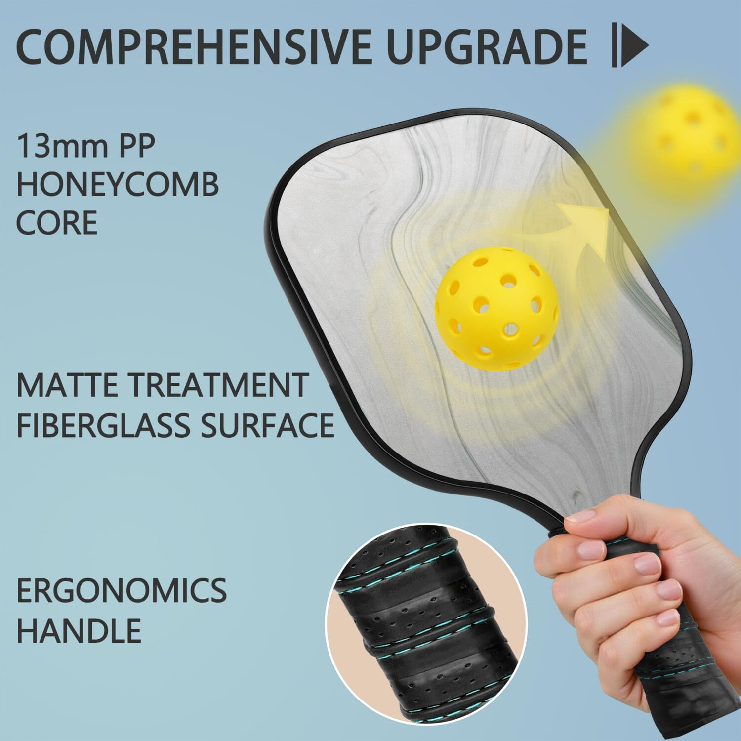Pickleball Paddles Set Of 1, Fiberglass Surface, Turquoise Marble Pattern, 1 Paddle, 2 Balls & Bag