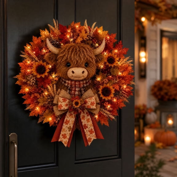 14 in Fall Highland Cow Wreath, Sunflower and Maple Leaf Door Wreath with String Lights and Plaid Bow, Thanksgiving Porch, Wall and Farmhouse Decor