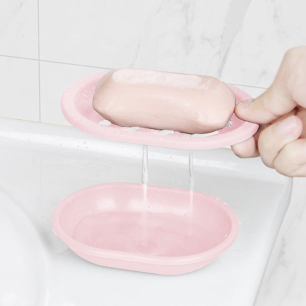 Jabonera de plástico color macaron | Porta jabón con ranuras para drenaje | Organizador compacto para baño, cocina, lavabo o ducha | Bandeja extraíble, fácil de limpiar | 1 pieza | Azul claro, rosa
