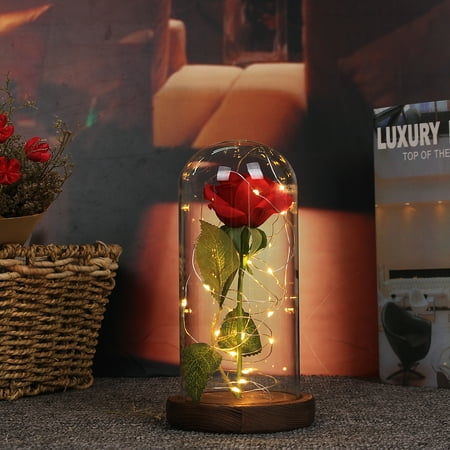 Ann Flower - Beauty and The Beast Rose Preserved Fresh Flower Red Rose The Beast Glass Cover + LED Light Unique Gifts Valentine's Day