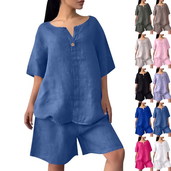 Two Piece Sets For Women Summer Linen Casual Outfit Plus Size Loose Fit Short Sleeve Shirts & Wide Leg Shorts Sets,Royal Blue,XL