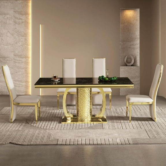 70.08" Rectangle Glass Dining Table for 6, Modern Luxury Kitchen Table with Black Marble Pattern Tempered Glass Top, Gold Stainless Steel Mirrored Base with Carved Details
