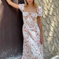 thumbnail image 4 of Summer Saving Wycnly Summer Dresses for Women Beach Cute Puff Sleeve Tie Front Empire Waist Slit Swing Long Sundress 2024 Short Sleeve Square Neck Floral Print Maxi Formal Dress Pink l, 4 of 7