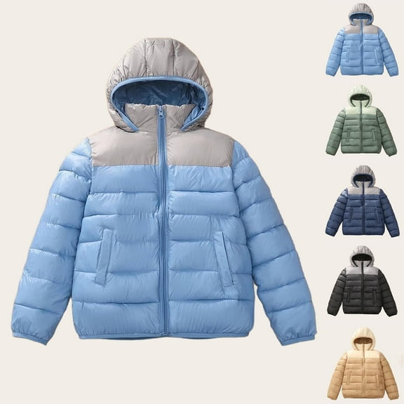 MKOSPLRT Boys' Girls' Hooded Puffer Jacket 7-14Y Waterproof Warm Winter Coat Color Block Fleece Lined Outerwear Jacket with Pocket