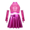 thumbnail image 3 of Doomiva Girls Jazz Latin Dance Outfits Sequin Crop Top with Metallic Skirt Gloves Ballroom Dancewear Hot Pink 14, 3 of 7