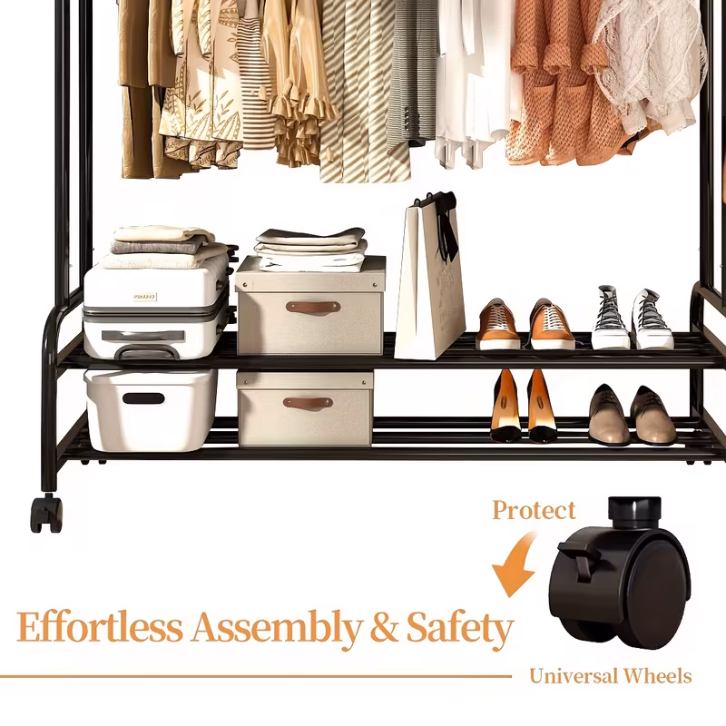Black Heavy Duty Metal Double Rod Clothes Rack with Wheels, Shelves & Hooks, Rolling Garment Rack for Bedroom Closet