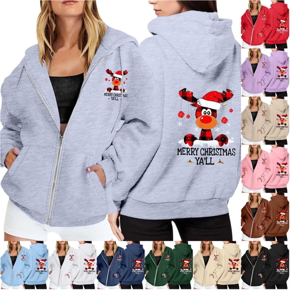 NinXxx Ladies' Christmas Zipper Long Sleeve Pocket Drawstring Hooded Sweatshirt Grey XXXL