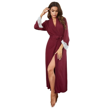

Ladies New Solid Color Cotton Bathrobe Lace Edge Sexy Plus Size Pajamas Night Gown Casual Home Wear Wine Red S
