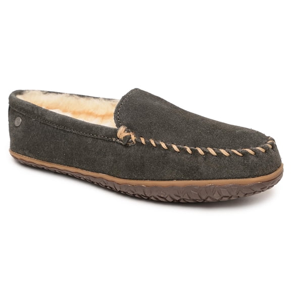 Minnetonka Tobie Men's Suede Mocassins, Fur Lined Sheepskin Slippers with Durable Indoor-Outdoor Sole, 12 M Charcoal