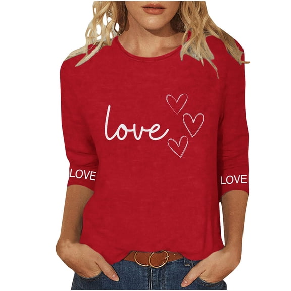 Valentine's Day Shirt for Women Relaxed Fit 3/4 Sleeve Love Graphic Tee Red Plus Size Available,Size 2XL