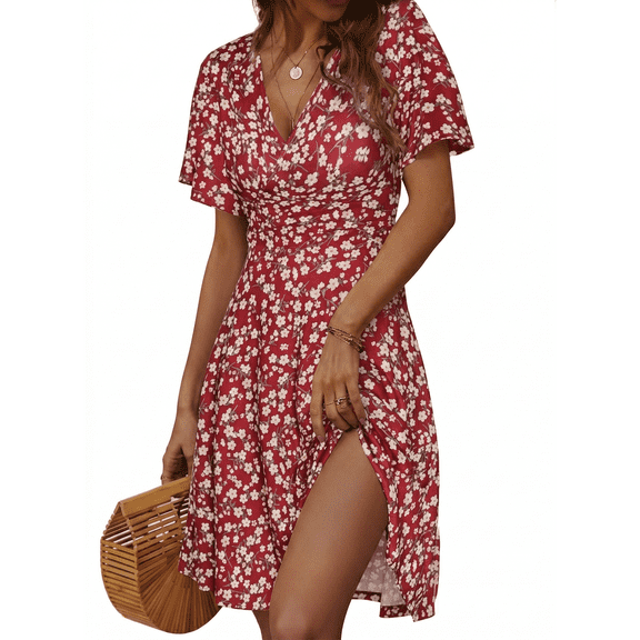 MLDRA Boho Dresses for Women Summer Casual Short Sleeve Floral V Neck Above Knee Dress for Beach Vacation Holiday Party,Red Wedding Guest Dress