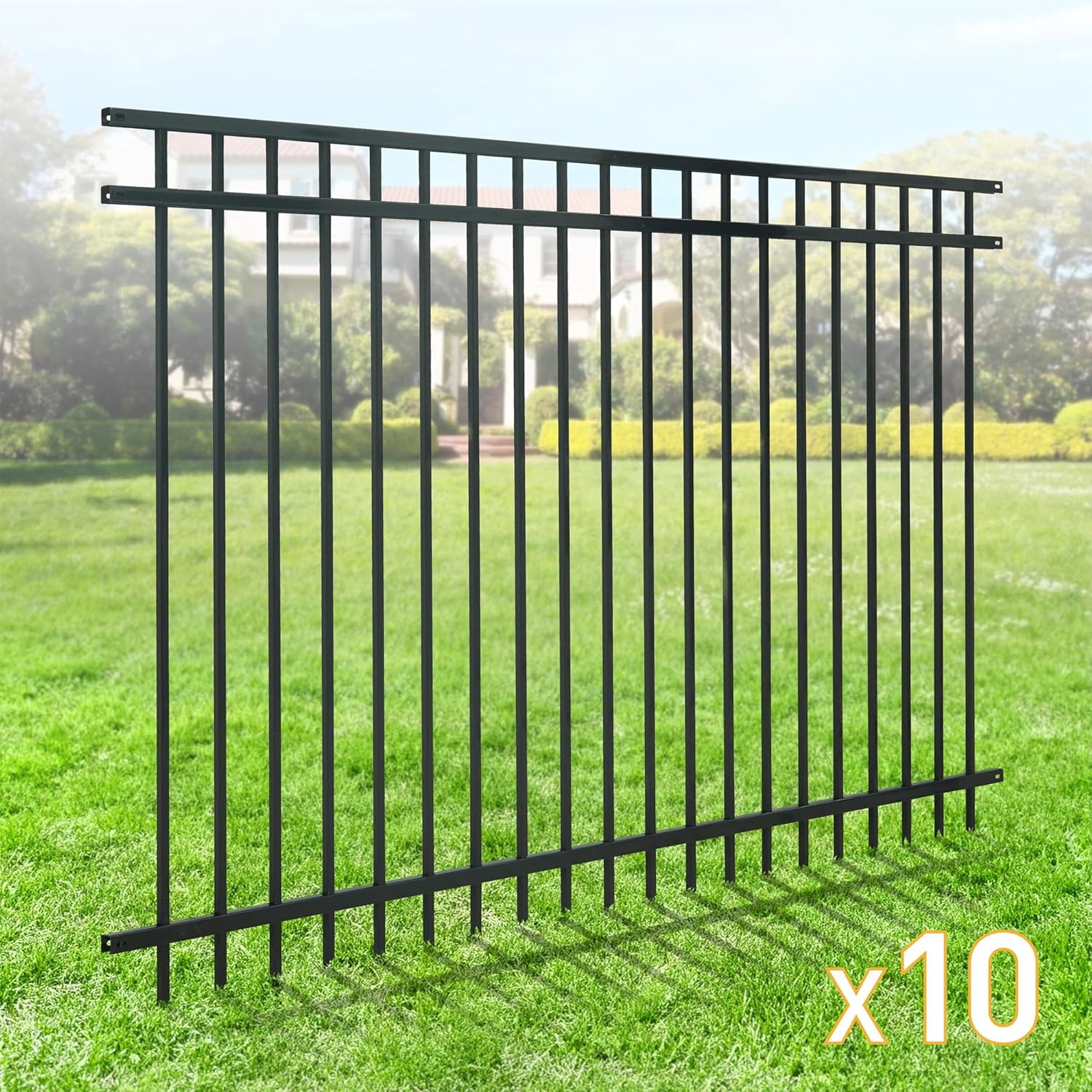 Fencer Wire Pack of 10 Heavy Duty Flat Top Fence Barrier Panel, 5FT Height X 8FT Width Anti-Rust Metal Fencing Panel, 2” Diameter Steel Outdoor Decorative Garden Fence Panel for Yard, Pool, Patio