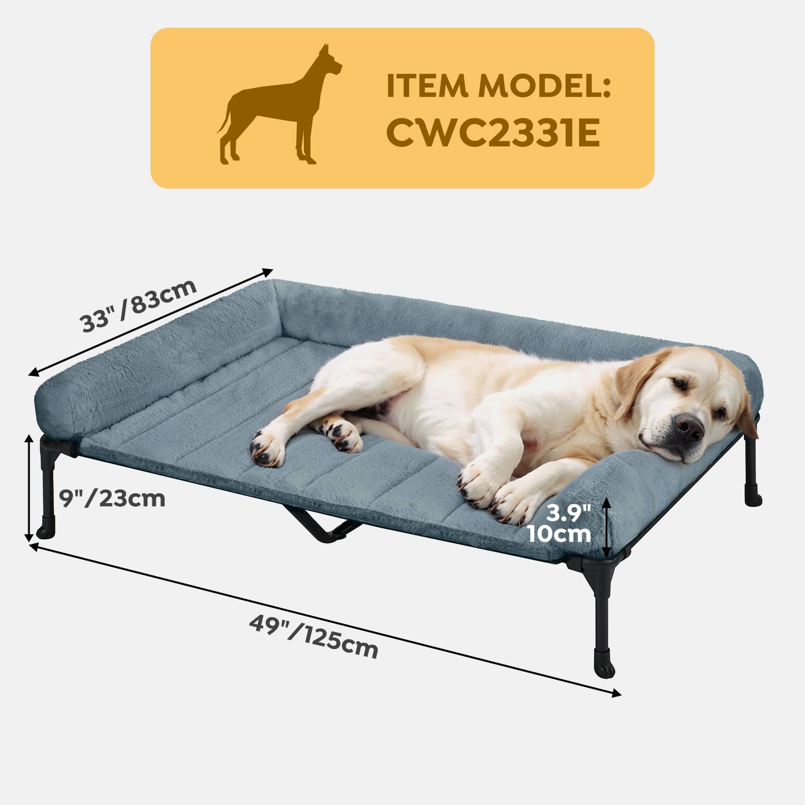 Veehoo Cooling Elevated Dog Bed with Fluffy Plush Bolster Cushion, 49 x 33 inches, XLarge, Haze Blue