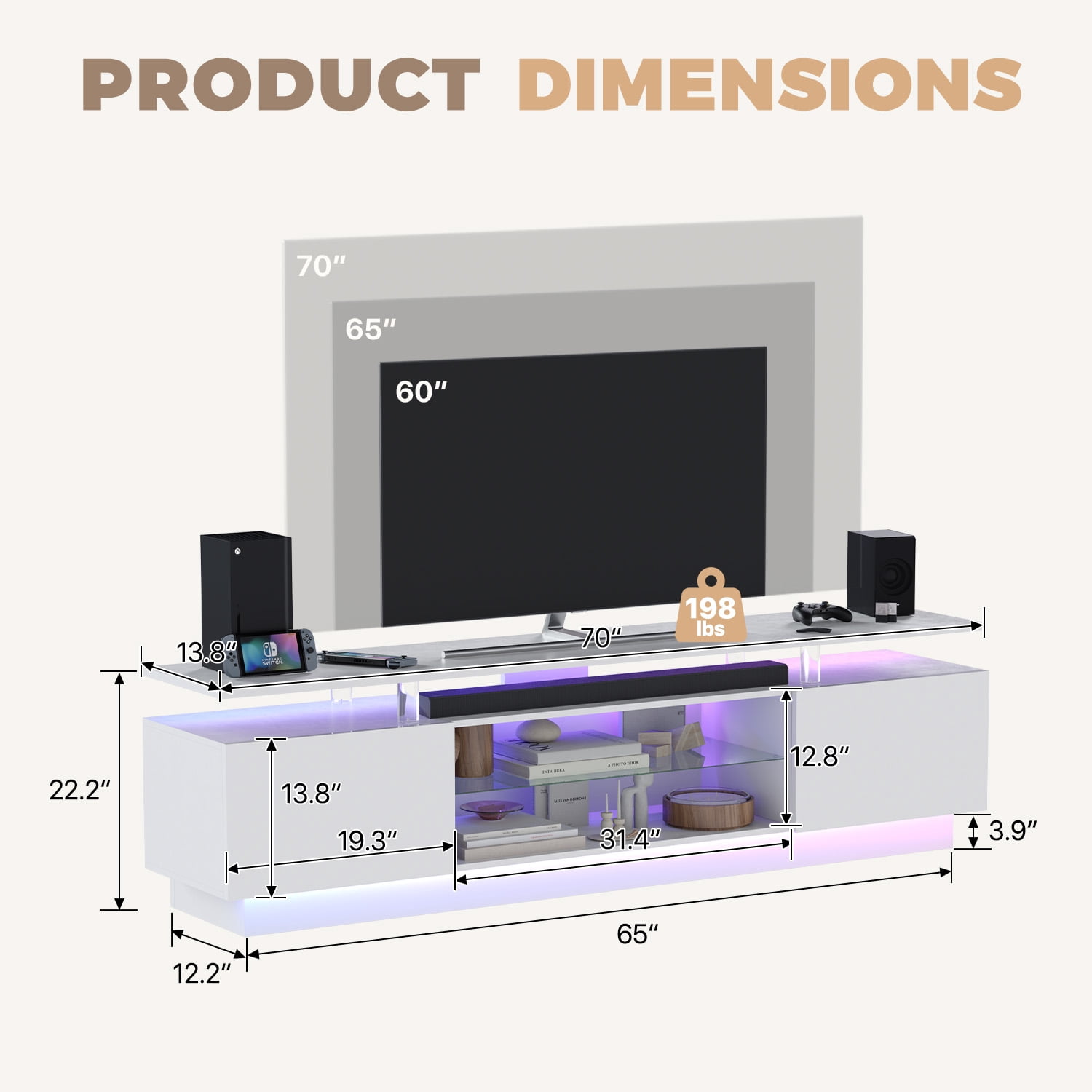 BaPiPro 70" LED Modern TV Stand for 65"-75" TVs, Entertainment Center TV Console with Music Sync LED for Living Room, White