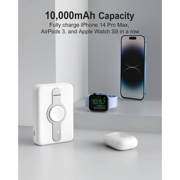 RFGBRG-Magnetic Portable Charger, MagJuice  10000mAh Wireless Battery Pack with Stand, Compatible with MagSafe, 20W Power Bank for iPhone 16 Pro Max/12/13/14/15 Series, Apple Watch, AirPods - White