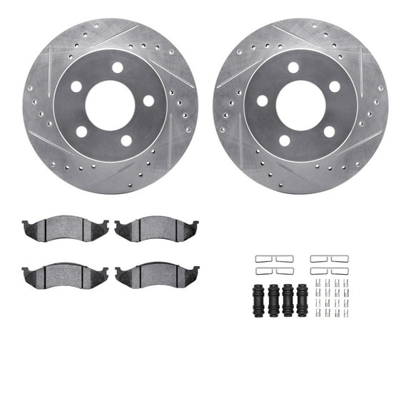 Dynamic Friction Company Front Brake Rotors-Drilled and Slotted-Silver with Ultimate Duty Performance Brake Pads includes Hardware 7412-42029