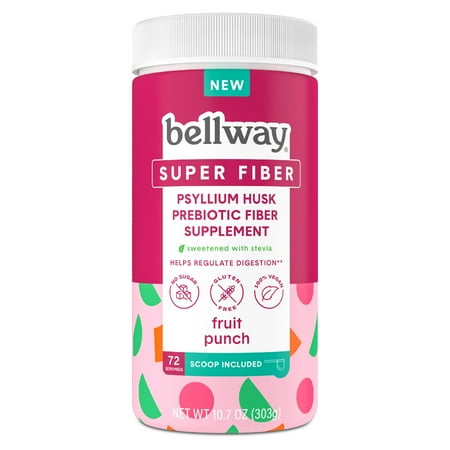 Bellway Psyllium Super Fiber Prebiotic Supplement Powder, Sugar-Free, Fruit Punch, 72 Servings