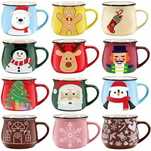 12 Pieces Christmas Mugs Set, 12 oz Christmas Coffee Mugs Gifts for Hot Cocoa Ceramic Holiday Mugs Bar Coffee Milk Tea Decoration Christmas for Woman Men Family Farmhouse
