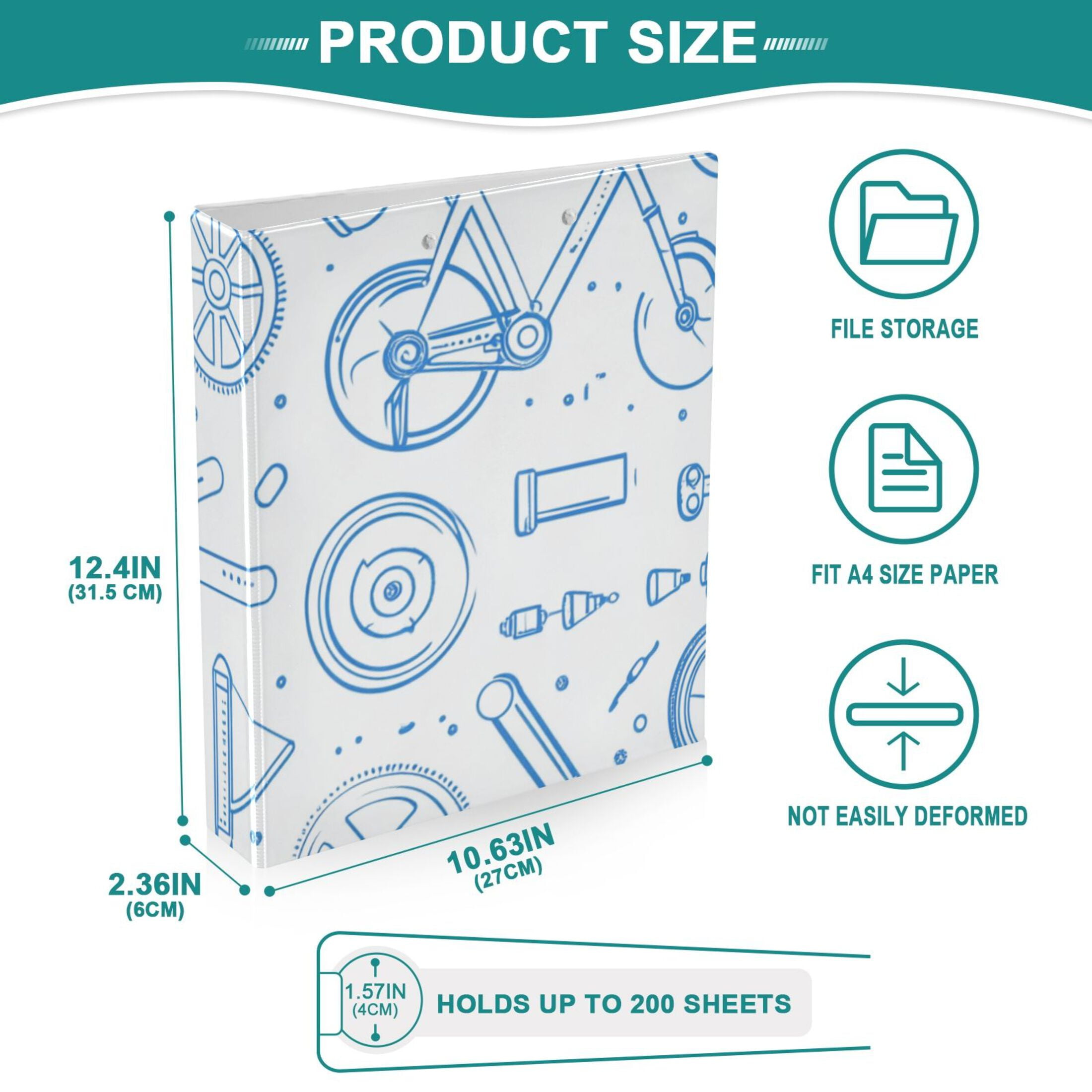 Blue Bikes and Tools 3 Ring Binders 1.5 inch Hardcover File Folders with Interior Pockets A4 Size Organizer for School Office Hospital