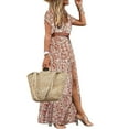 thumbnail image 2 of ITFABS Femmes Fleur Robe Longue, Manches Courtes V-Cou Taille Haute Robe Fendue, 2 of 8