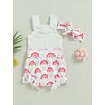 thumbnail image 4 of Infant Baby Girls Clothes Suits Solid Color Ribbed Sleeveless Frills Sling Romper Rainbow Print Shorts Headband 3Pcs Set, 4 of 10