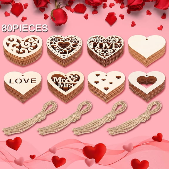 88 Pcs Wooden Heart Ornaments, Valentine's Day Unfinished Wooden Heart Pendants, Hanging Crafts with Ropes, Wooden Heart Hanging Ornaments for Valentine's Day Wedding DIY Home Decor
