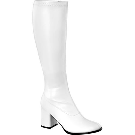 Womens White Go Go Boots 3 Inch Chunky Heel Stretch Knee Highs Boots Matte Zip