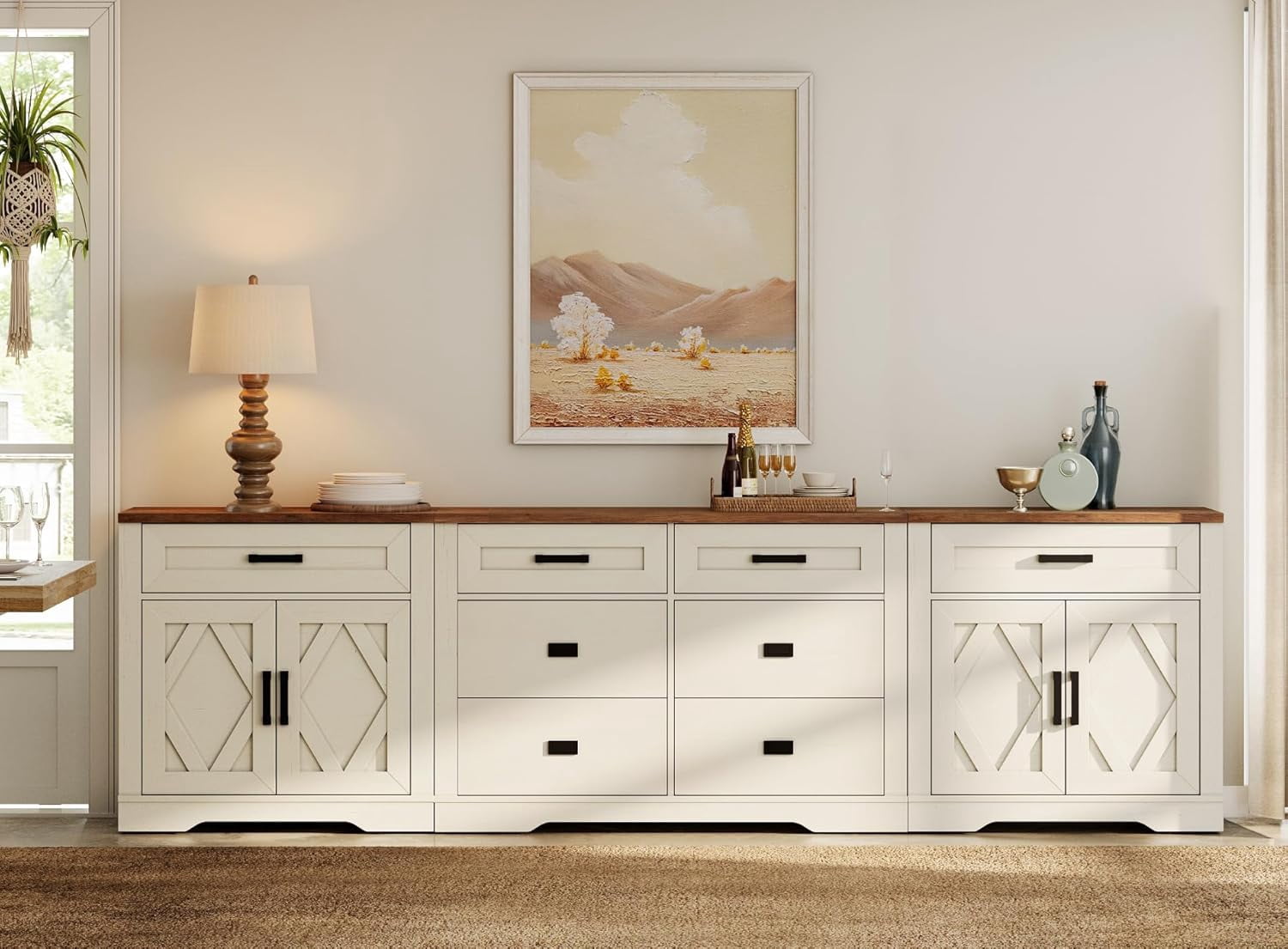 WAMPAT 110"W Large TV Stand,3-in-1 Farmhouse Entertainment Center with Storage Barn Door Cabinet,TV Console Table With Media Cabinet and Drawers for Living Room,Bedroom,Cream White