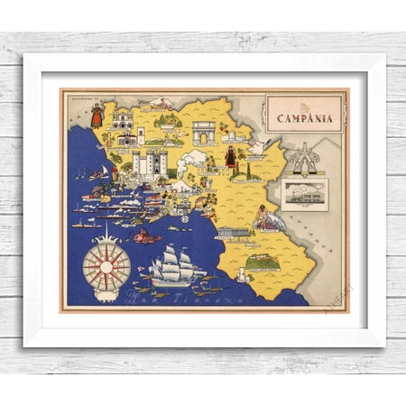 POSTER Campania Italy Map 1939 by Agostini, Giovanni Poster Print. Antique Italian Vintage Tourist Gift. Naples, Pompeii, Herculaneum Vesuvius 649-UNFRAMED