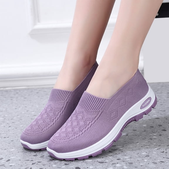 YOUYEDIAN Orthopedic Shoes for Women Arch Support Running Shoes Wide Non Slip Slip on Volleyball Shoes Knitted Mesh Stretch Soft 2026 New Foam Shoes (Purple)