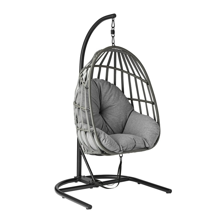 Mainstays Wicker Outdoor Patio Hanging Egg Chair with Gray Olefin Cushion and Black Metal Stand 250 lbs Maximum Weight