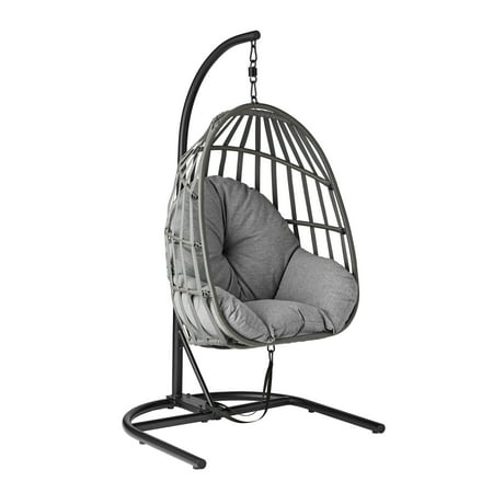 Mainstays Wicker Outdoor Patio Hanging Egg Chair with Olefin Cushion and Metal Stand Gray