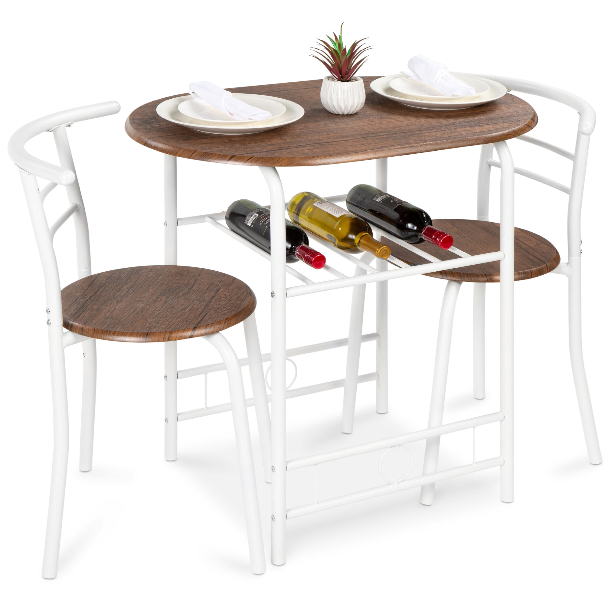 Best Choice Products 3-Piece Wood Dining Room Round Table & Chairs Set w/ Steel Frame, Built-In Wine Rack - White/Brown