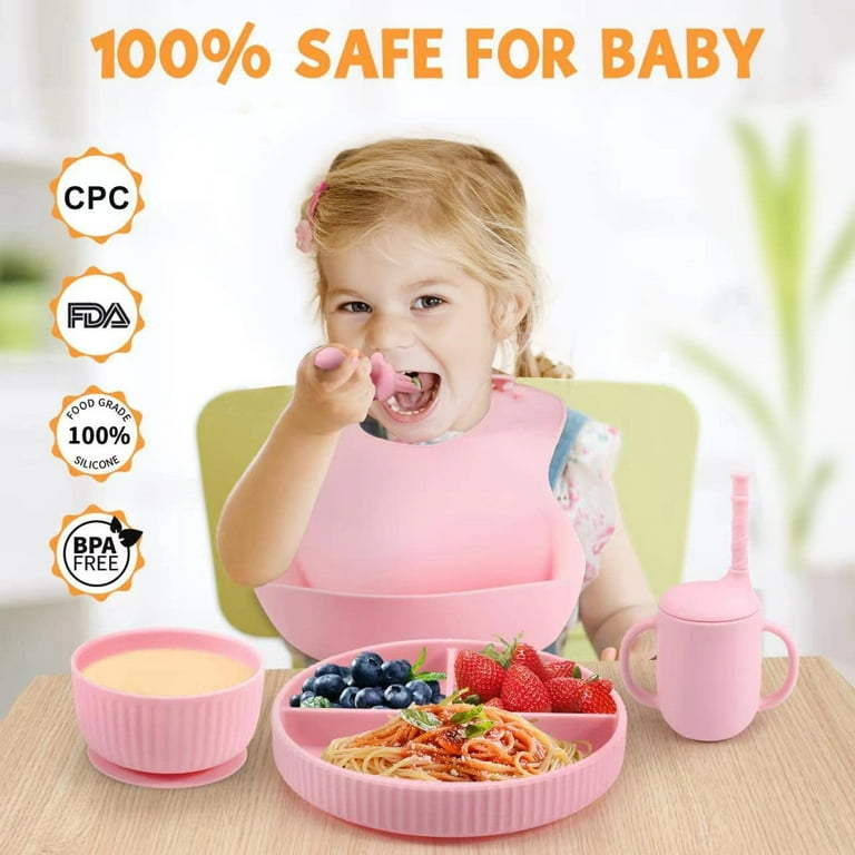 Baby Led Weaning Supplies, 6pcs Silicone Baby Feeding Set Include Baby  Feeding Suction Bowl and Divided Toddler Plate, Baby Spoon, Fork, Bib,  Sippy Cup with Straw and Lid, Food Grade BPA Free