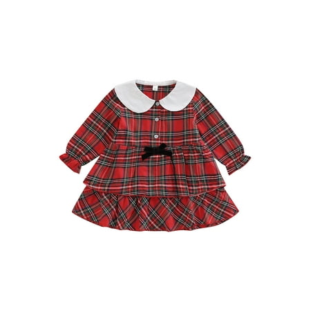 

KelaJuan Children Girl Dress Long Sleeve Plaid Pattern Doll Collar Bow Decor One-Piece Garment