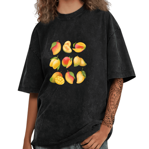 Black Washed T-shirt Graphic Tees Soft Mango Print Daily Casual Shirts S-2XL Tops