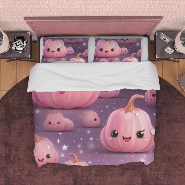 Calabaza sonriente, juego de funda nórdica infantil rosa púrpura, ropa de cama estética con cremallera,