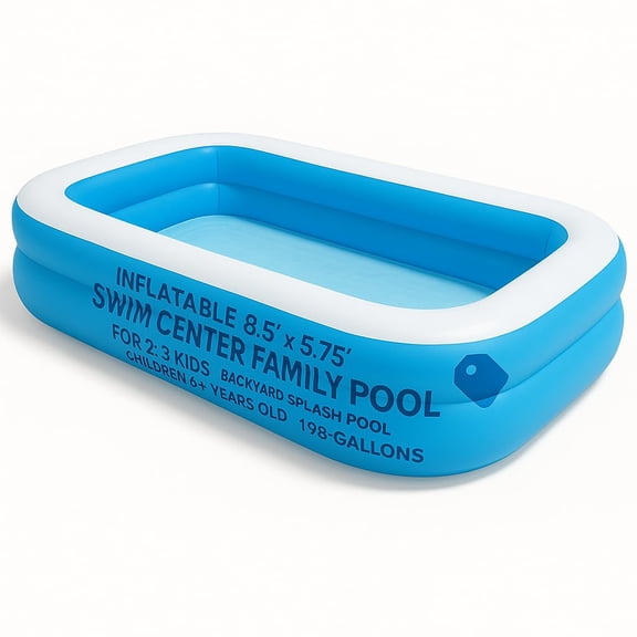 56483EP Inflatable Family Pool 8.5 x 5.75 Feet, Large Backyard Swimming Pool for 2-3 Kids Ages 6 , 198-Gallon (1,650 lb) Capacity, Blue & White, Durable Outdoor Water Play Center for Summer Fun