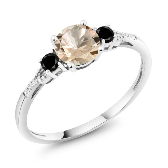 Gem Stone King 10K White Gold Peach Morganite Black Diamond and White Diamond Accent 3-Stone Engagement Ring for Women (0.77 Cttw, Round 6MM, Gemstone October Birthstone, Size 9)