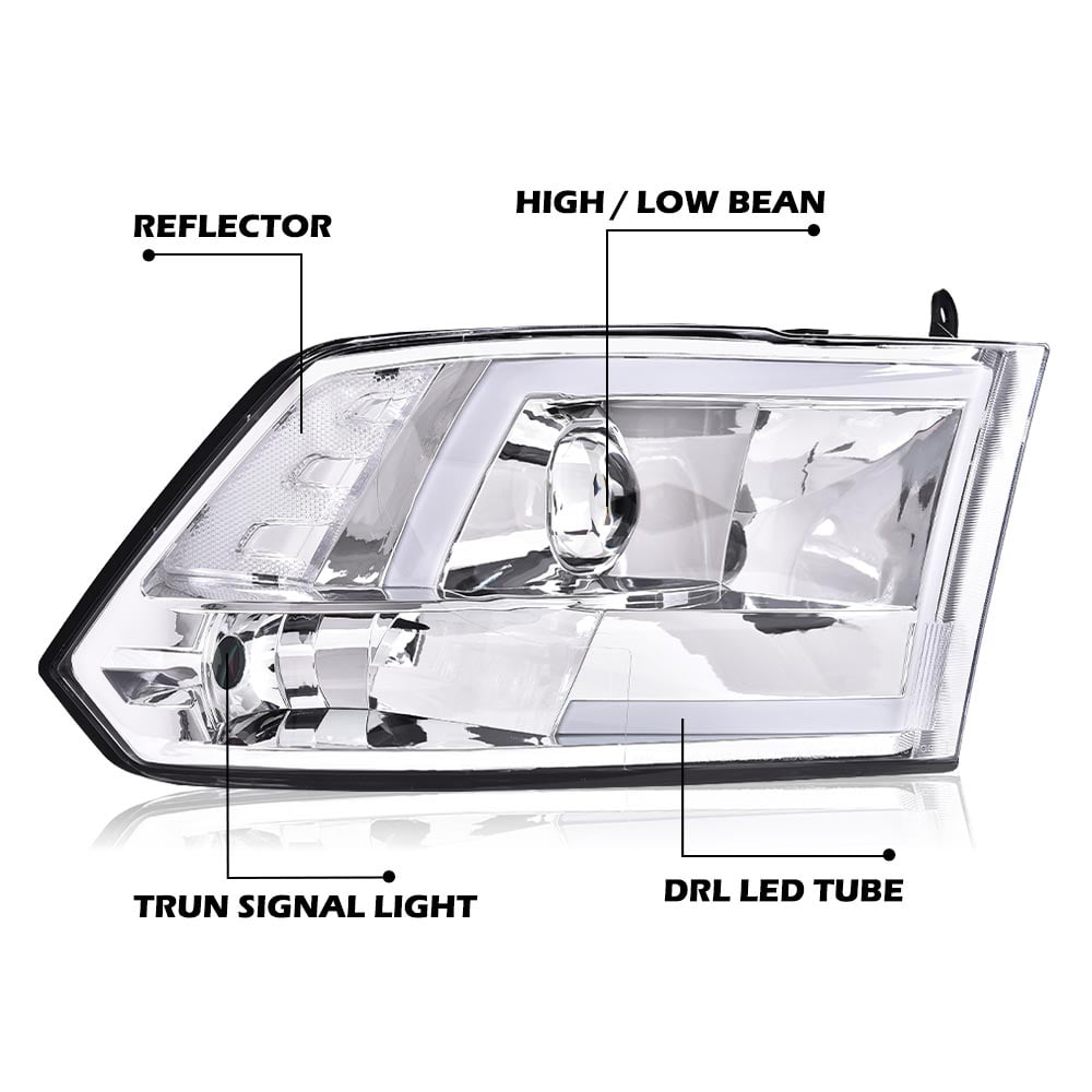 PIT66 LED Headlight Fit for 2009-2018 Dodge Ram 1500 Clear Lens Chrome Housing Clear Reflector